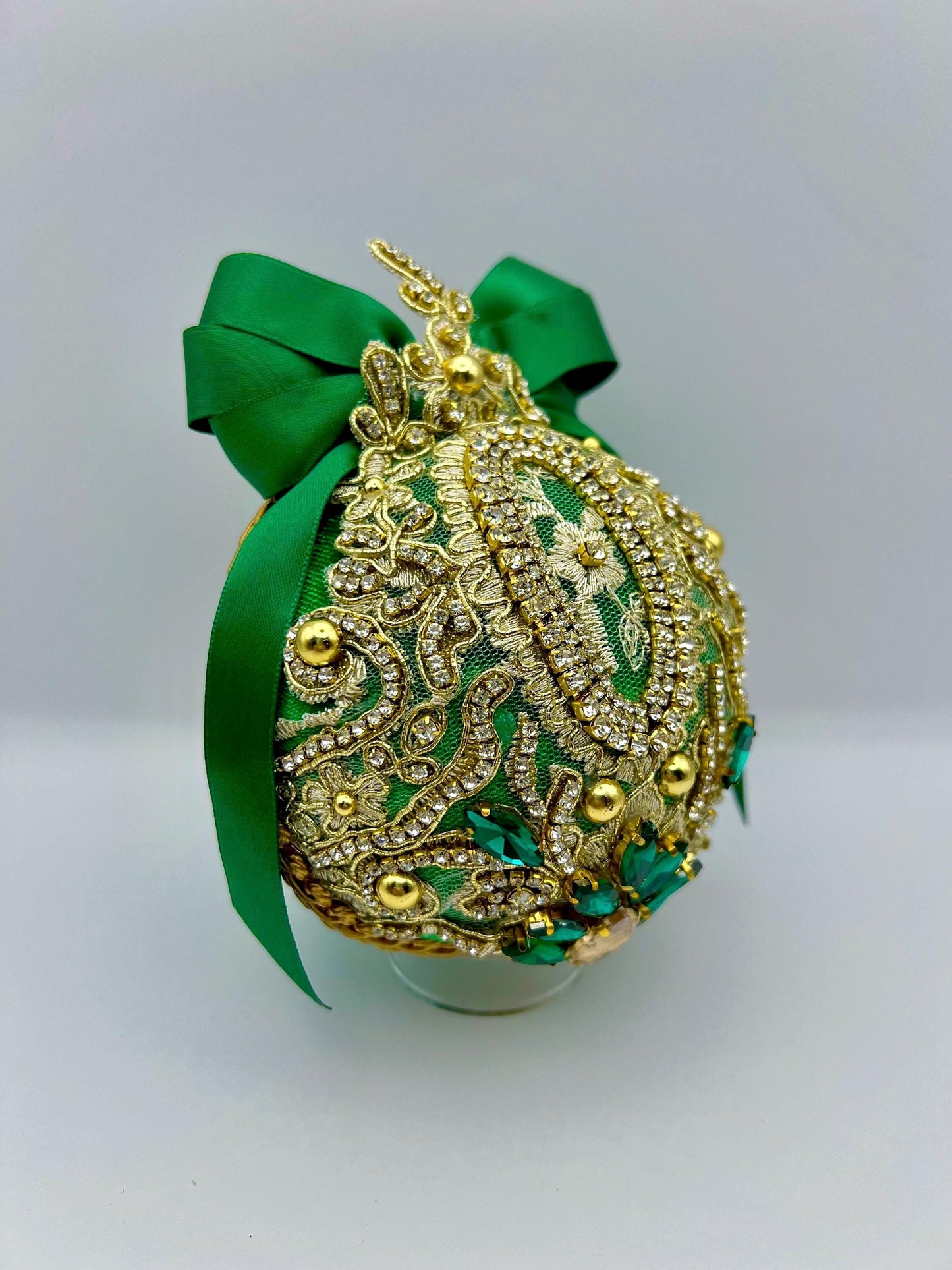 Handmade Green Velvet Christmas Ornament: Victorian Gold Lace Bauble