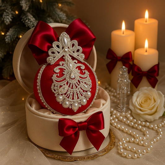 Handmade Velvet Christmas Ornament: Red, White, and Pearl Bauble