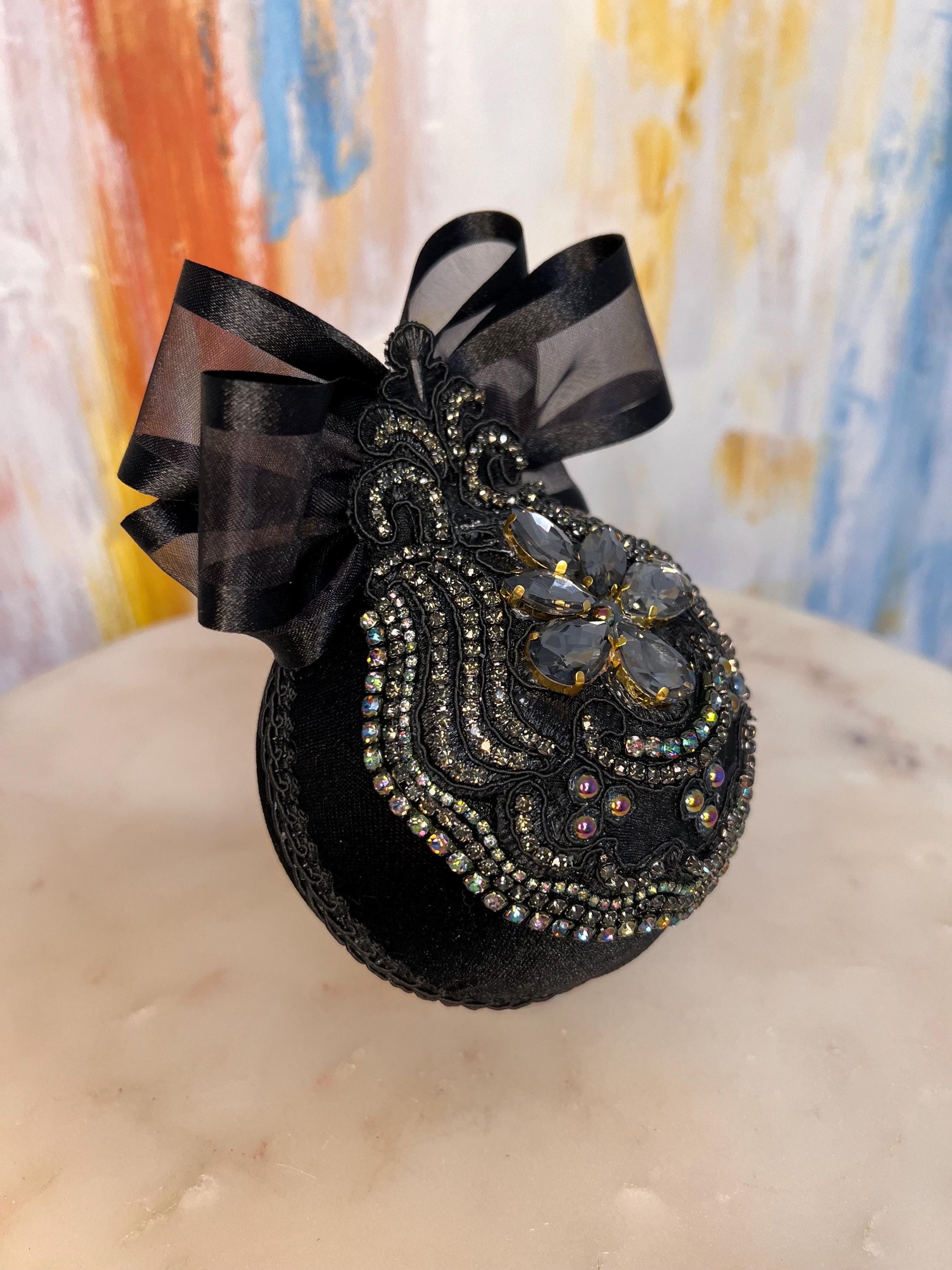 Gothic Black Cat Ornament: Handmade Velvet Rhinestone Bauble