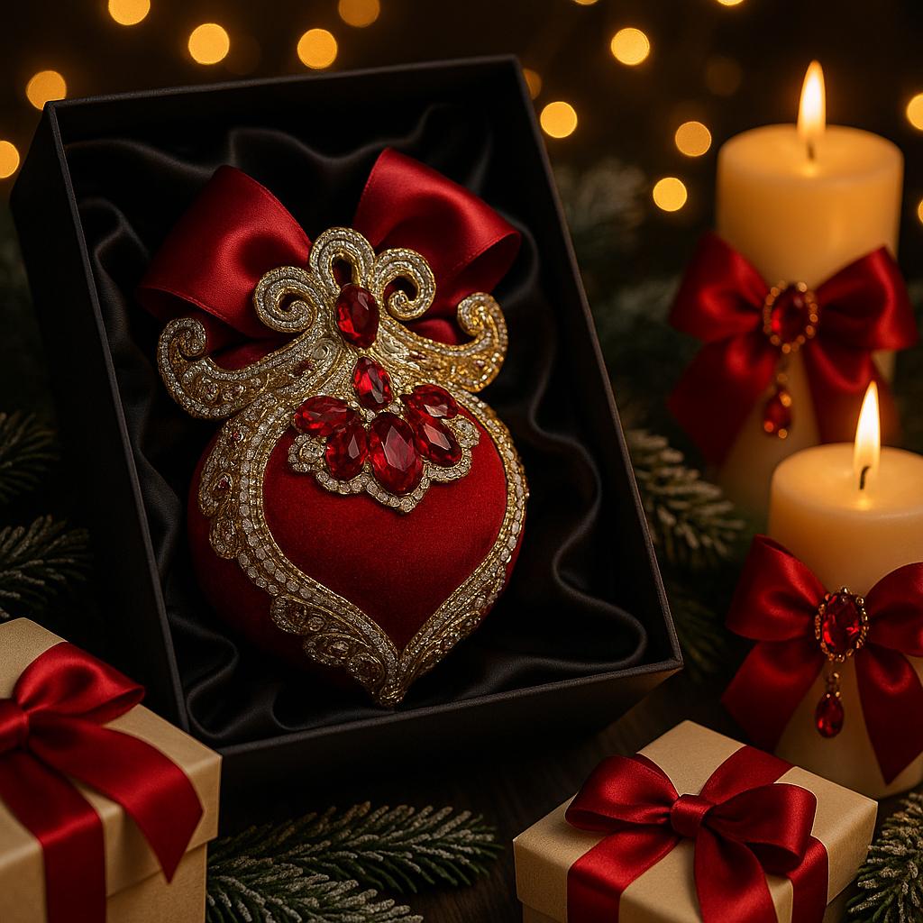 Handmade Velvet Christmas Ornament: Red, Gold, and Rhinestone Bauble