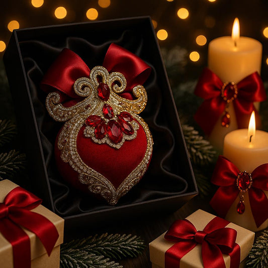 Handmade Velvet Christmas Ornament: Red, Gold, and Rhinestone Bauble