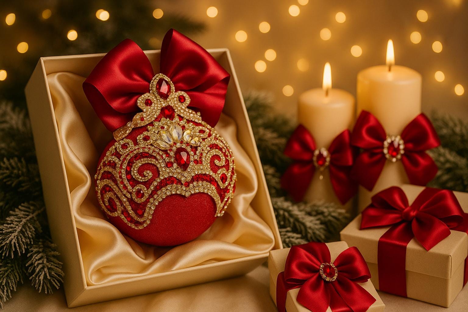 Handmade Red Velvet Christmas Ornament: Gold Lace Rhinestone Bauble