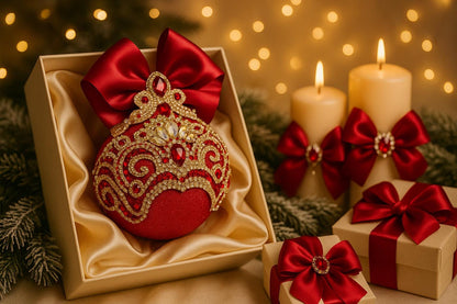 Handmade Red Velvet Christmas Ornament: Gold Lace Rhinestone Bauble