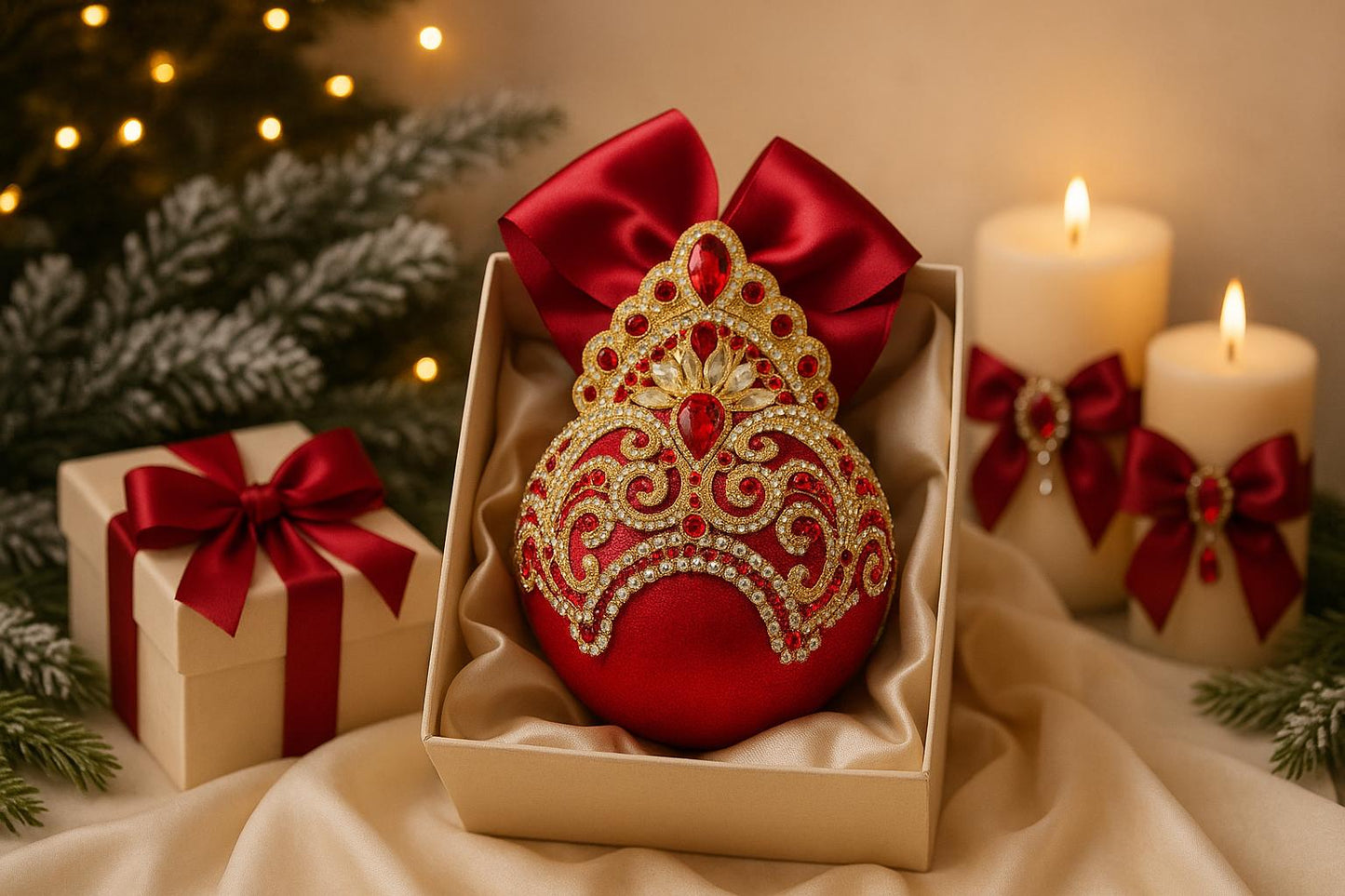 Handmade Red Velvet Christmas Ornament: Gold Lace Rhinestone Bauble
