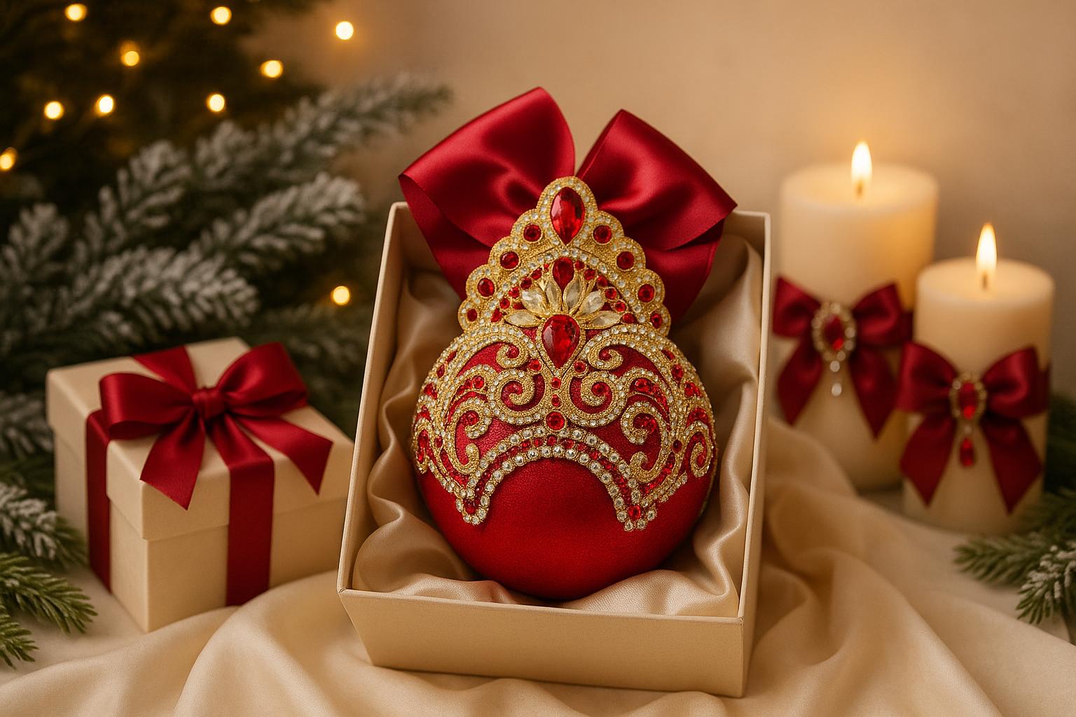 Handmade Red Velvet Christmas Ornament: Gold Lace Rhinestone Bauble
