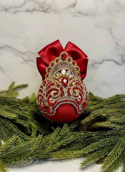 Handmade Red Velvet Christmas Ornament: Gold Lace Rhinestone Bauble