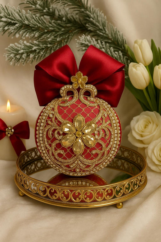 Handmade Red Velvet Christmas Ornament: Gold Lace & Rhinestone Bauble