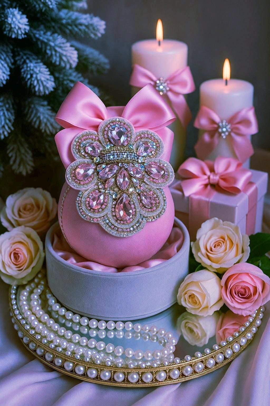Handmade Pink Velvet Christmas Ornament: Rhinestone & Lace Bauble