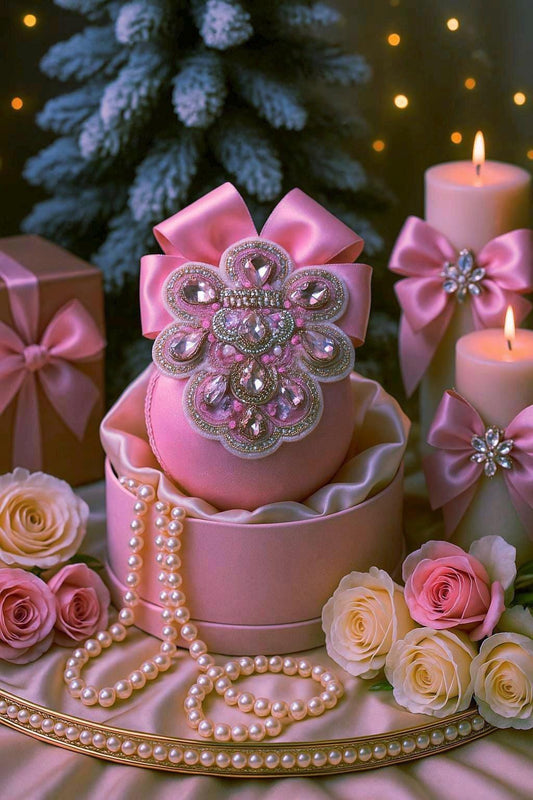 Handmade Pink Velvet Christmas Ornament: Rhinestone & Lace Bauble