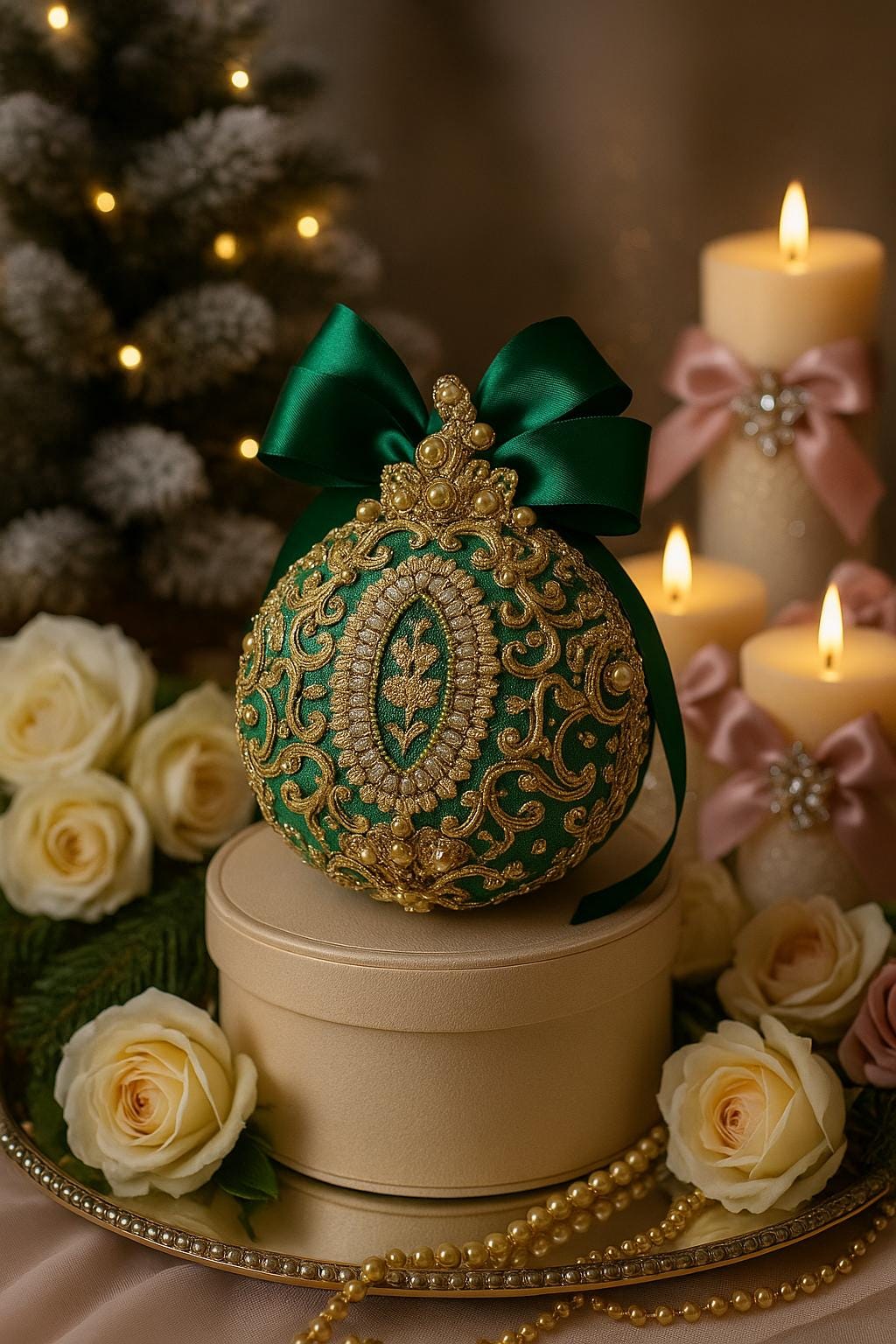 Handmade Green Velvet Christmas Ornament: Victorian Gold Lace Bauble