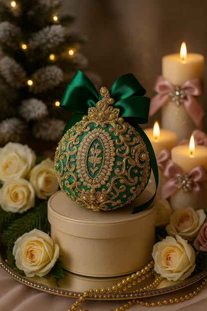 Handmade Green Velvet Christmas Ornament: Victorian Gold Lace Bauble