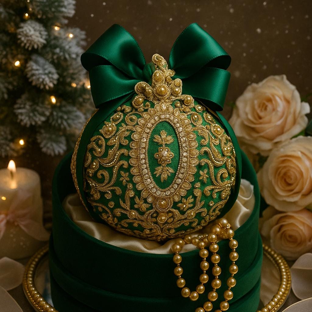 Handmade Green Velvet Christmas Ornament: Victorian Gold Lace Bauble