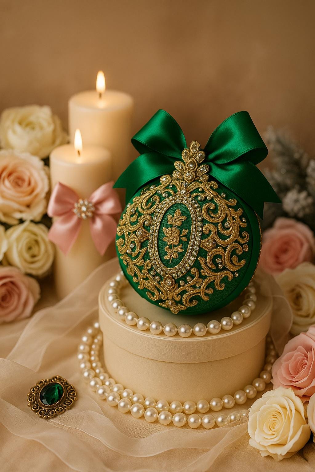 Handmade Green Velvet Christmas Ornament: Victorian Gold Lace Bauble