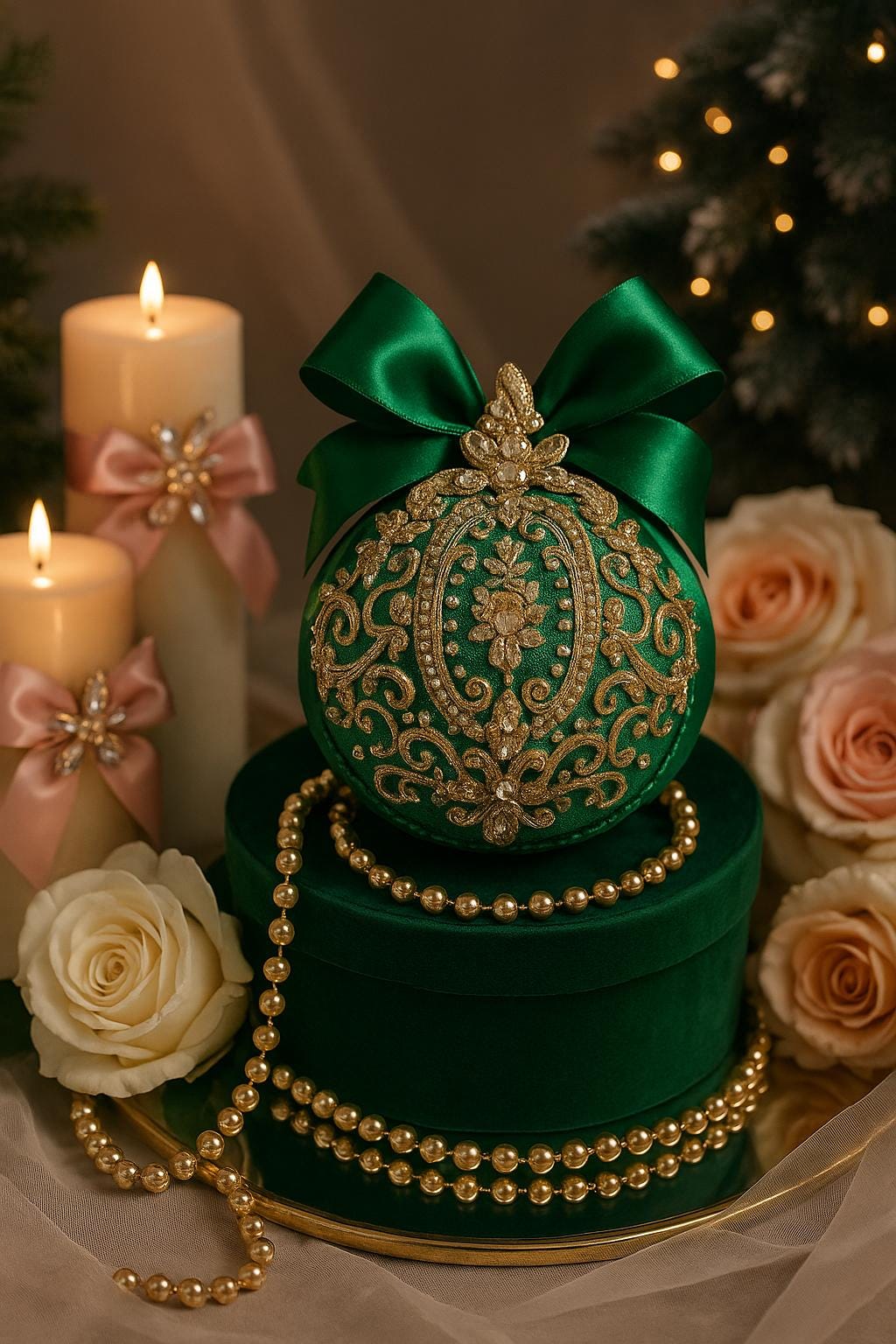 Handmade Green Velvet Christmas Ornament: Victorian Gold Lace Bauble