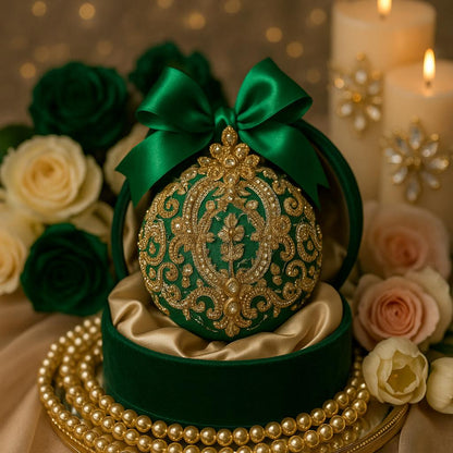 Handmade Green Velvet Christmas Ornament: Victorian Gold Lace Bauble