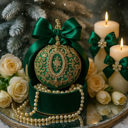 Handmade Green Velvet Christmas Ornament: Victorian Gold Lace Bauble