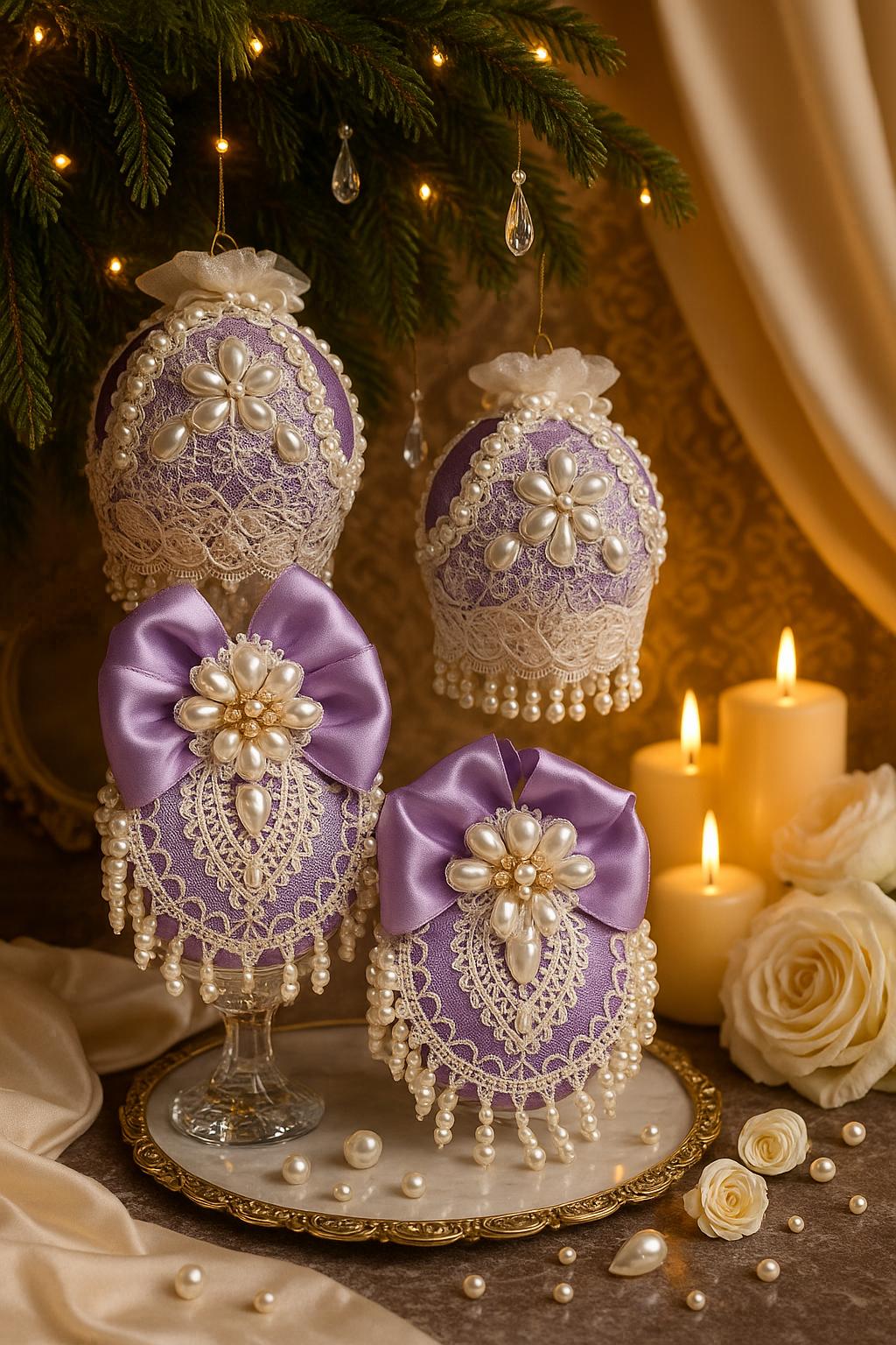 Lavender Christmas Ornaments: Victorian Lace & Pearl Holiday Decor (Set of 4)