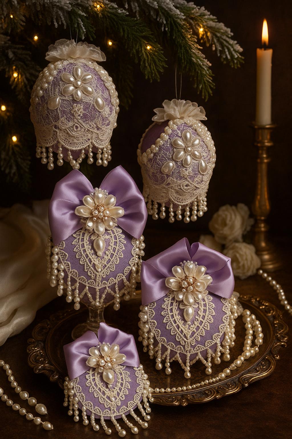 Lavender Christmas Ornaments: Victorian Lace & Pearl Holiday Decor (Set of 4)