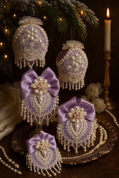 Lavender Christmas Ornaments: Victorian Lace & Pearl Holiday Decor (Set of 4)