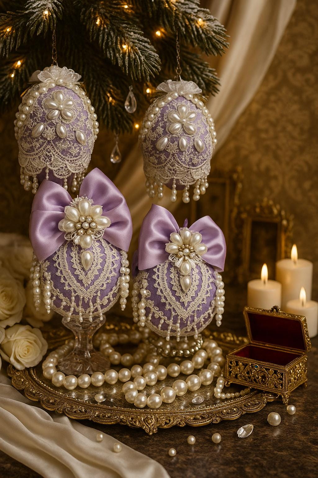 Lavender Christmas Ornaments: Victorian Lace & Pearl Holiday Decor (Set of 4)
