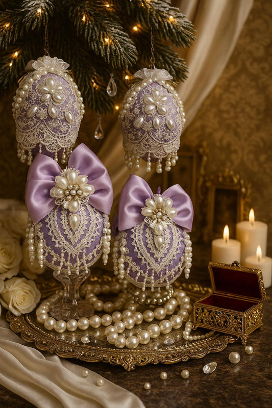 Lavender Christmas Ornaments: Victorian Lace & Pearl Holiday Decor (Set of 4)