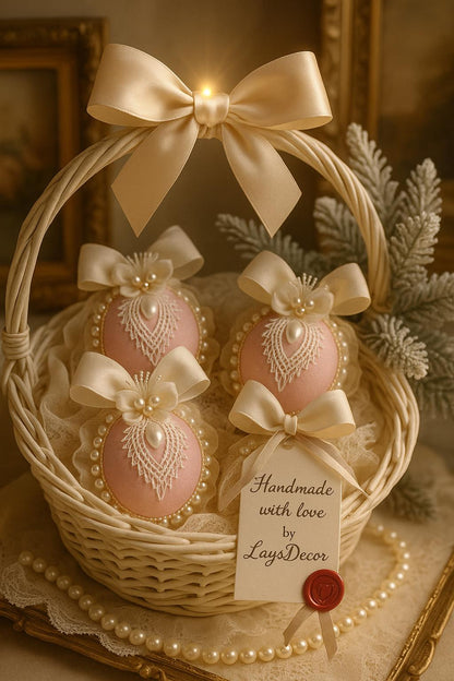 Dusty Pink Christmas Ornament Set: Handmade Pearl & Lace Holiday Baubles