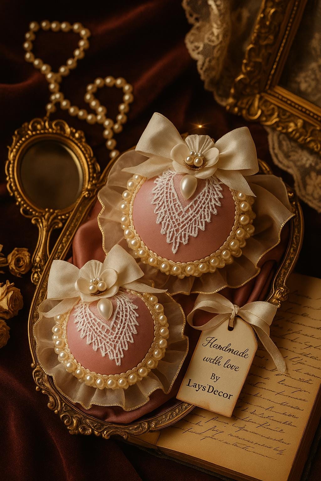 Dusty Pink Christmas Ornament Set: Handmade Pearl & Lace Holiday Baubles