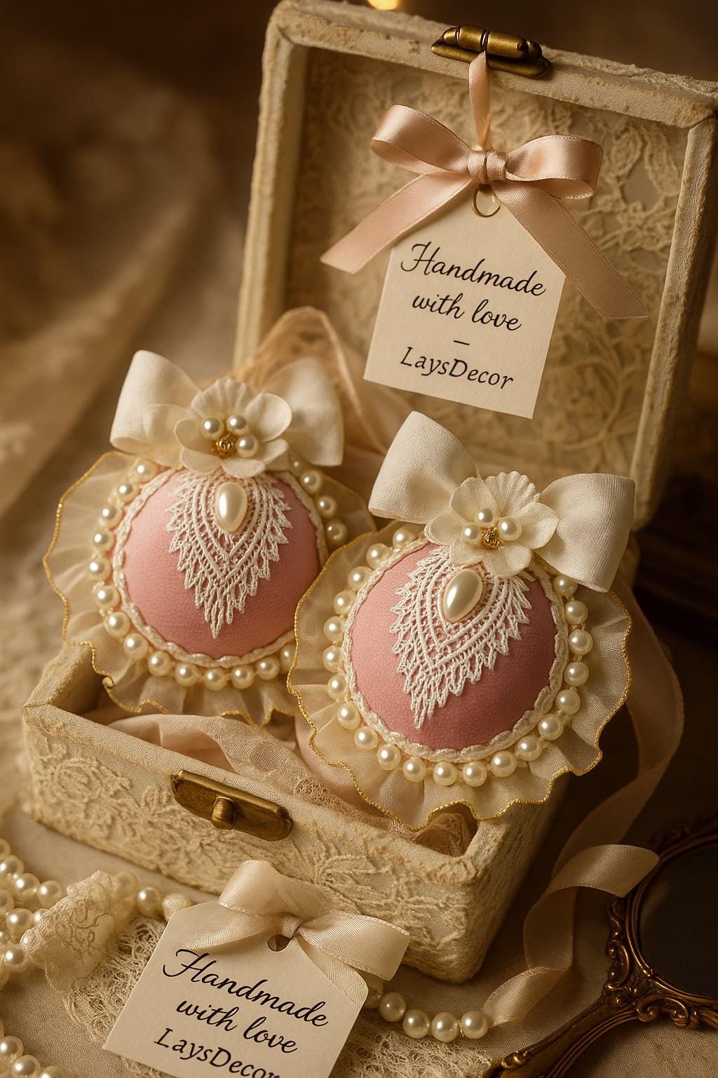 Dusty Pink Christmas Ornament Set: Handmade Pearl & Lace Holiday Baubles