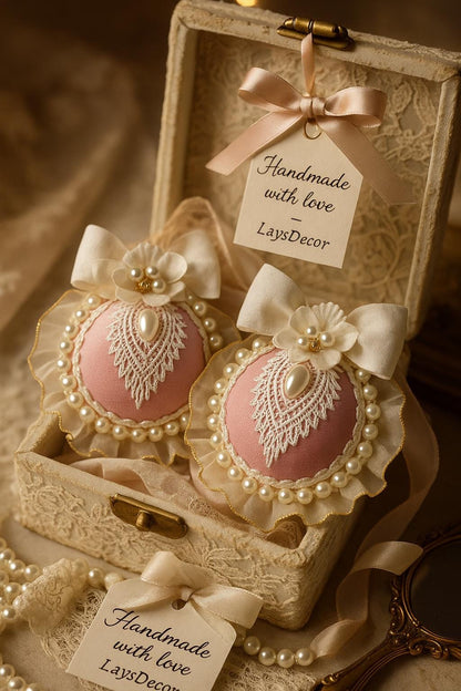 Dusty Pink Christmas Ornament Set: Handmade Pearl & Lace Holiday Baubles