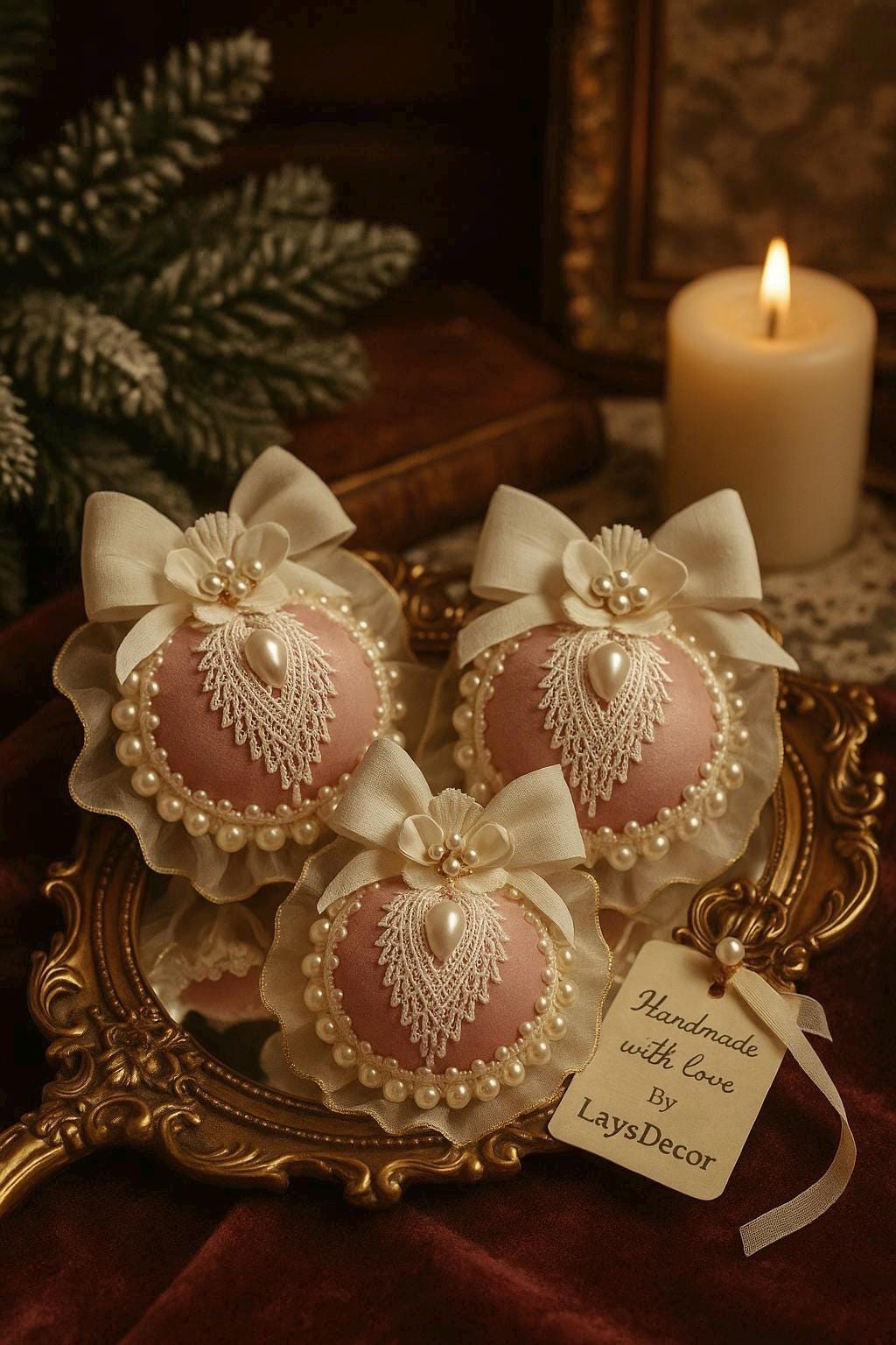 Dusty Pink Christmas Ornament Set: Handmade Pearl & Lace Holiday Baubles