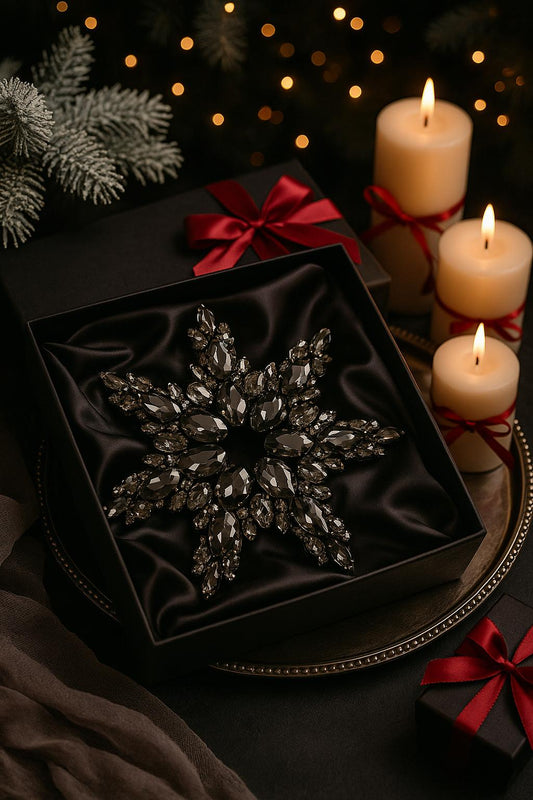 8-point black rhinestone star tree topper detail view
