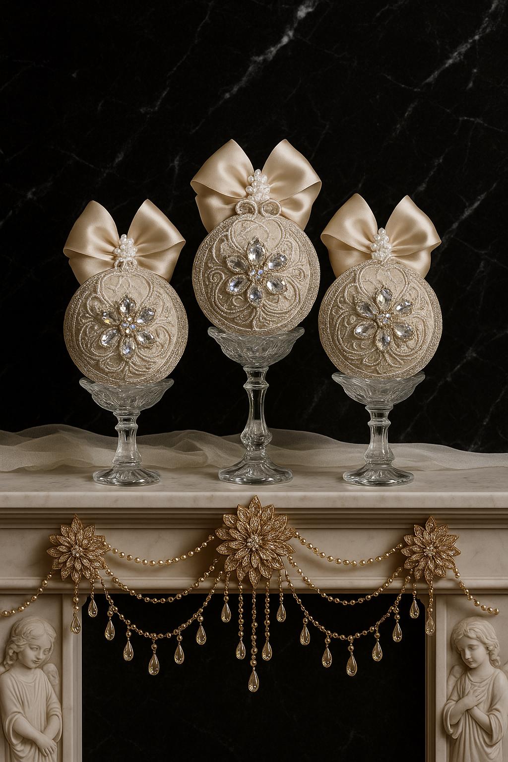 Handmade Beige Christmas Ornament: Rhinestone Holiday Decor