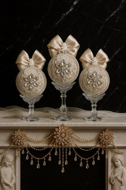 Handmade Beige Christmas Ornament: Rhinestone Holiday Decor