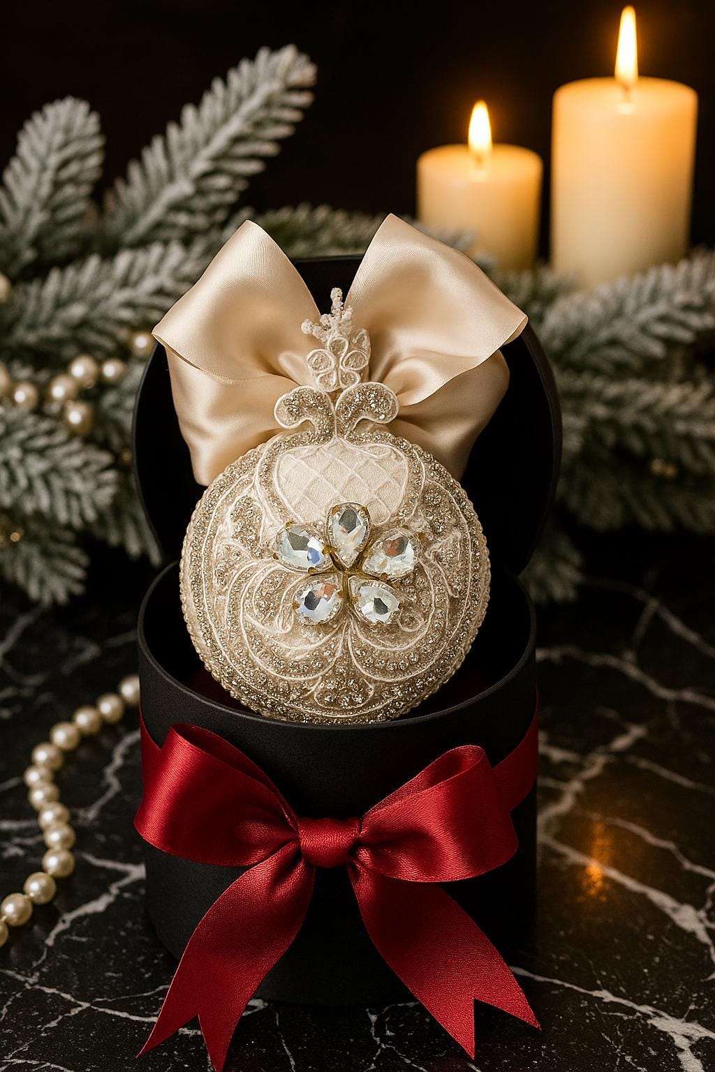 Handmade Beige Christmas Ornament: Rhinestone Holiday Decor