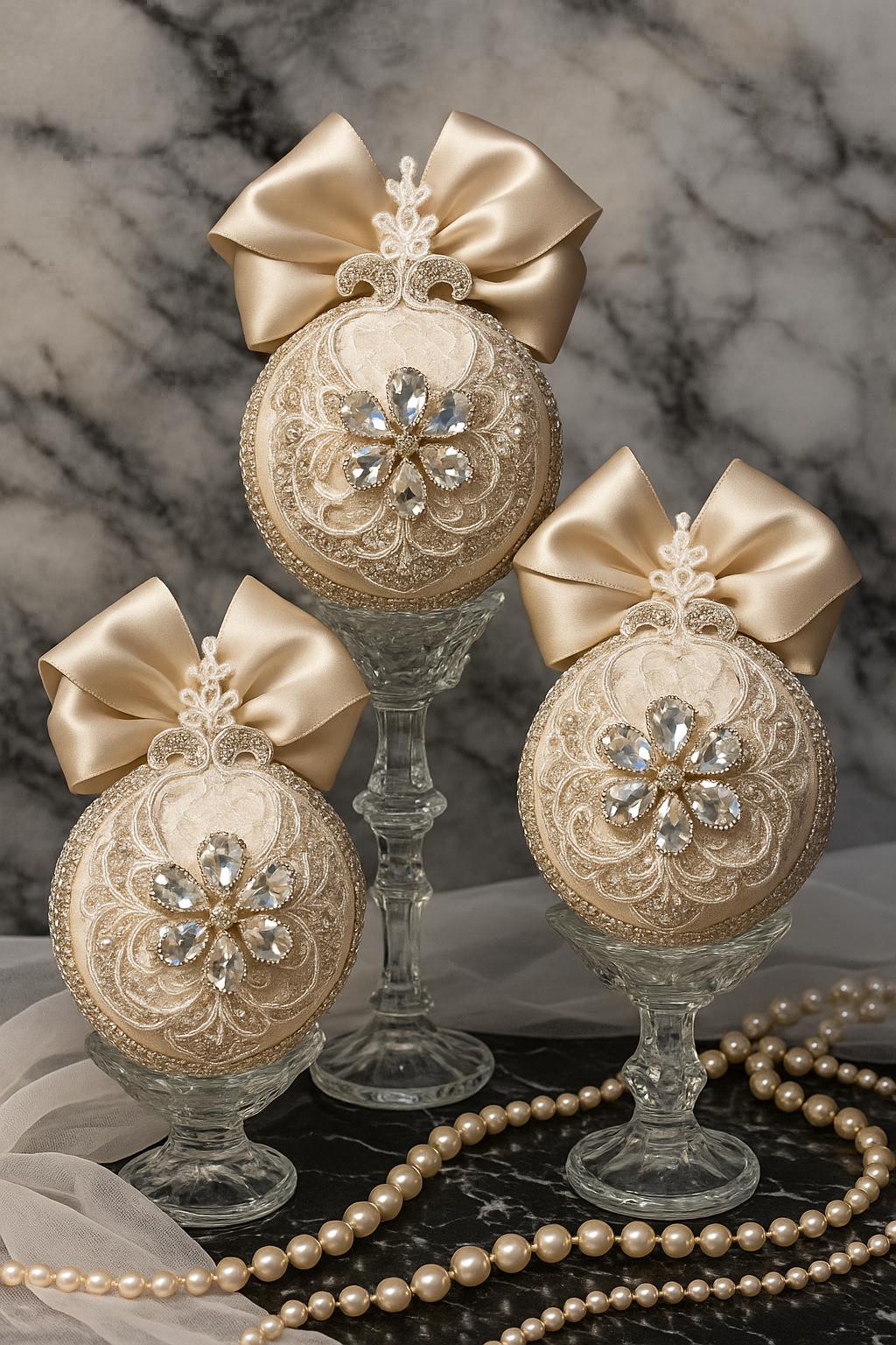 Handmade Beige Christmas Ornament: Rhinestone Holiday Decor