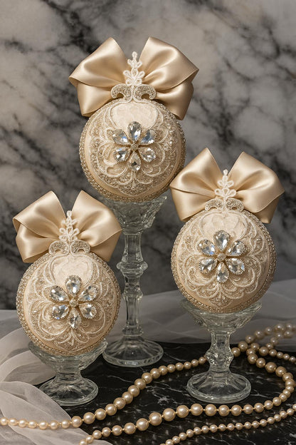 Handmade Beige Christmas Ornament: Rhinestone Holiday Decor