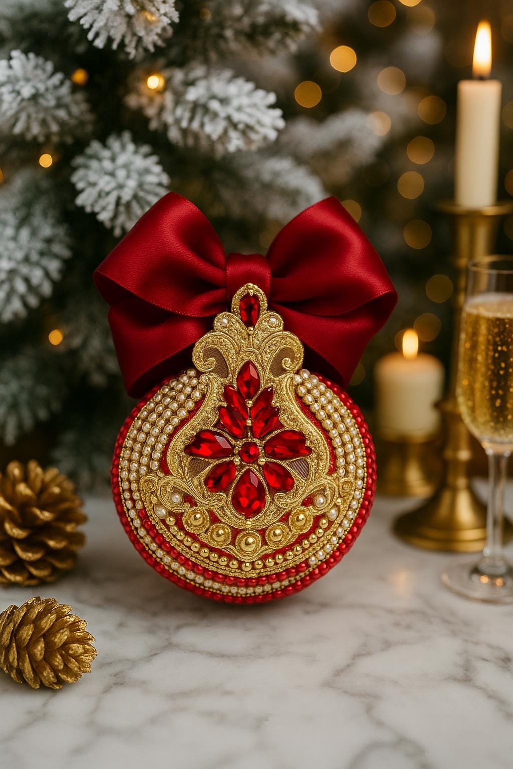 Handmade Red Velvet Christmas Ornament: Elegant Gold Rhinestone Bauble