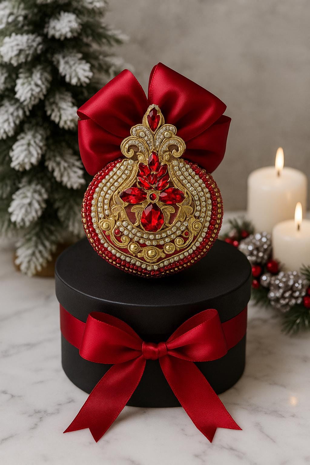 Handmade Red Velvet Christmas Ornament: Elegant Gold Rhinestone Bauble