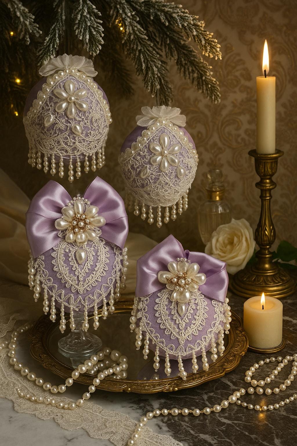 Lavender Christmas Ornaments: Victorian Lace & Pearl Holiday Decor (Set of 4)