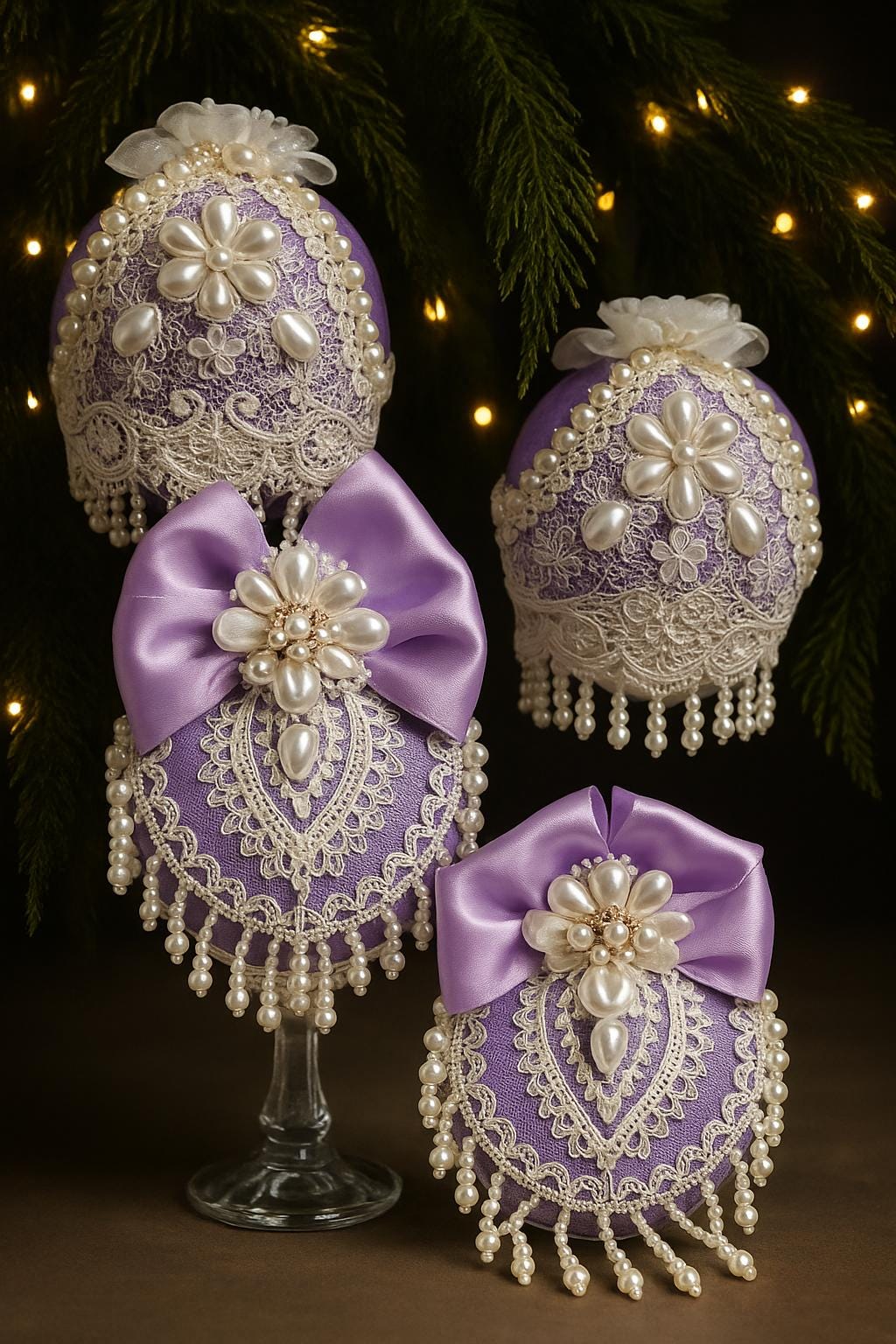Lavender Christmas Ornaments: Victorian Lace & Pearl Holiday Decor (Set of 4)