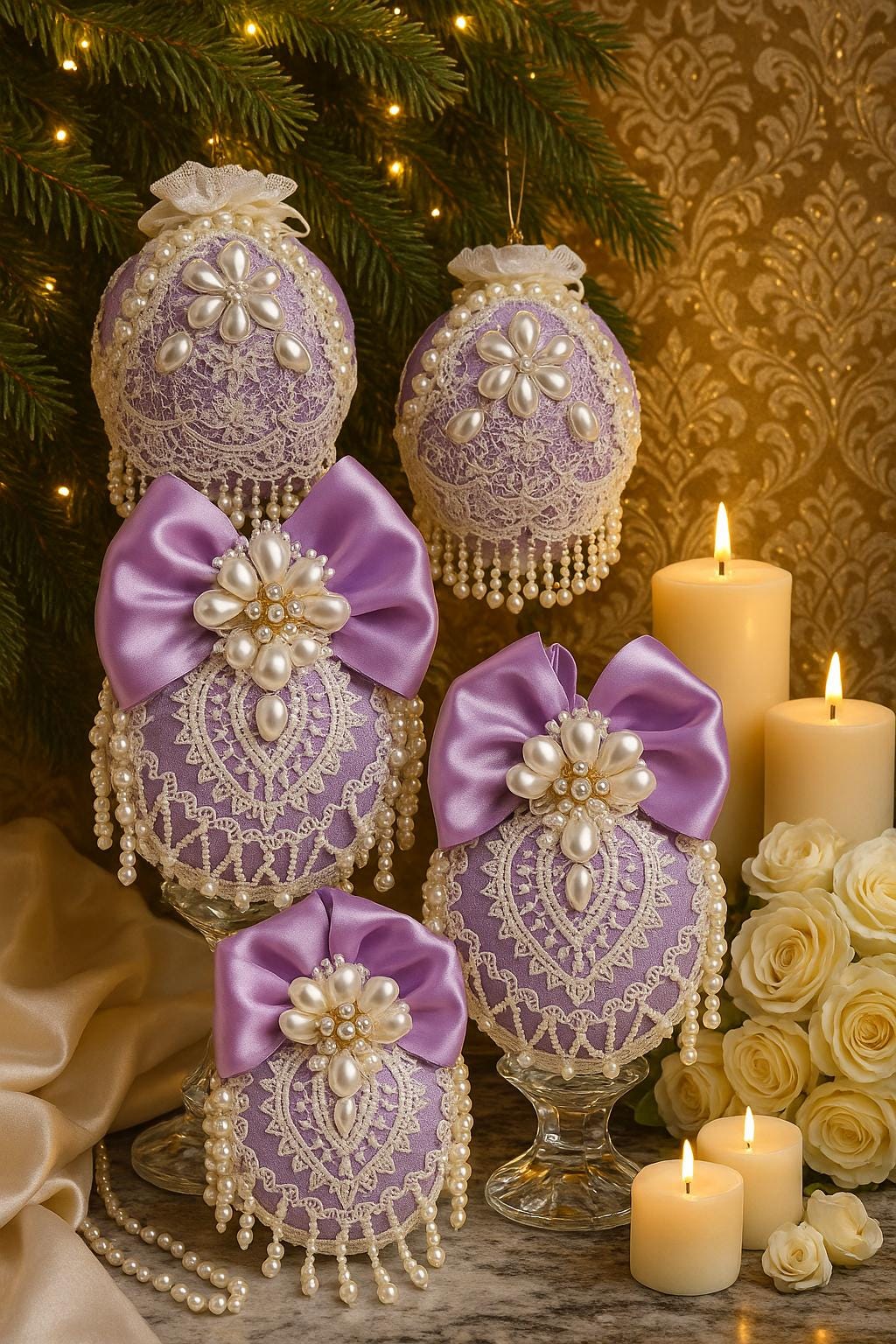 Lavender Christmas Ornaments: Victorian Lace & Pearl Holiday Decor (Set of 4)