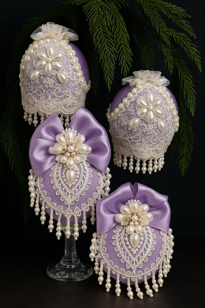 Lavender Christmas Ornaments: Victorian Lace & Pearl Holiday Decor (Set of 4)