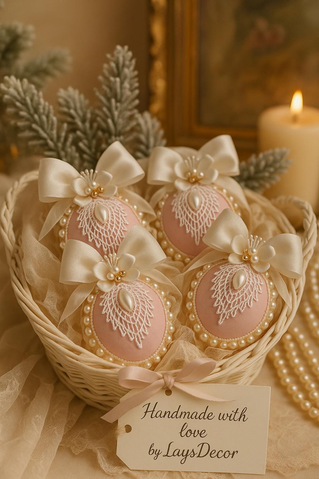 Dusty Pink Christmas Ornament Set: Handmade Pearl & Lace Holiday Baubles