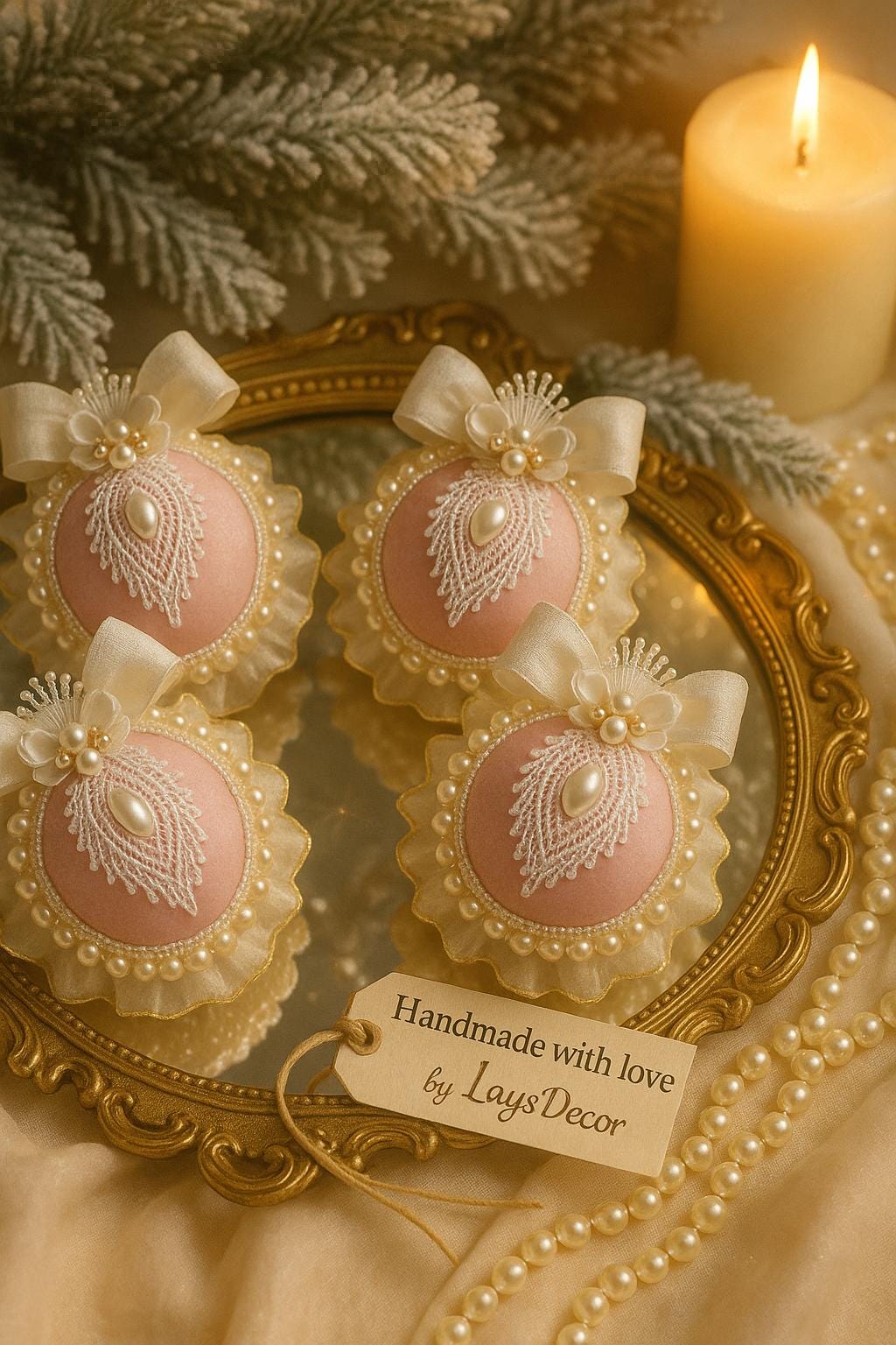 Dusty Pink Christmas Ornament Set: Handmade Pearl & Lace Holiday Baubles