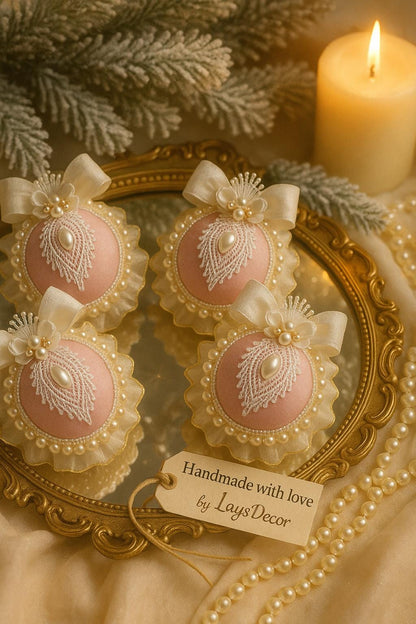 Dusty Pink Christmas Ornament Set: Handmade Pearl & Lace Holiday Baubles