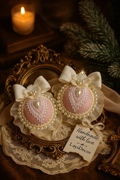 Dusty Pink Christmas Ornament Set: Handmade Pearl & Lace Holiday Baubles
