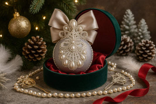 Handmade Velvet Christmas Ornament: Silver, Pearl & Lace Bauble