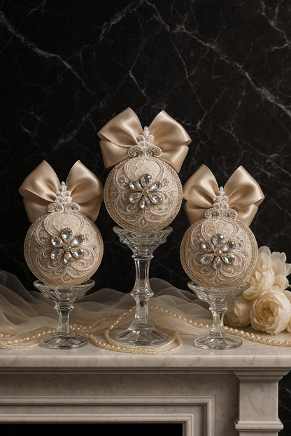 Handmade Beige Christmas Ornament: Rhinestone Holiday Decor