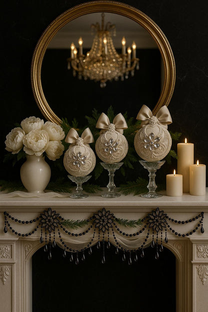 Handmade Beige Christmas Ornament: Rhinestone Holiday Decor