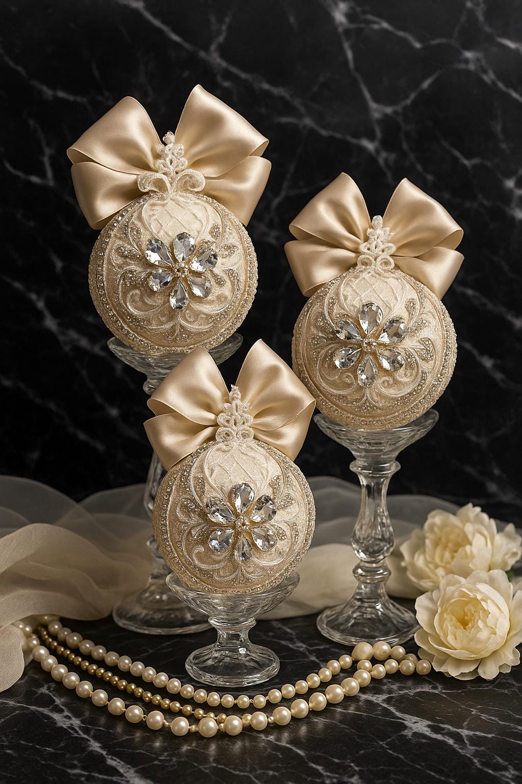 Handmade Beige Christmas Ornament: Rhinestone Holiday Decor